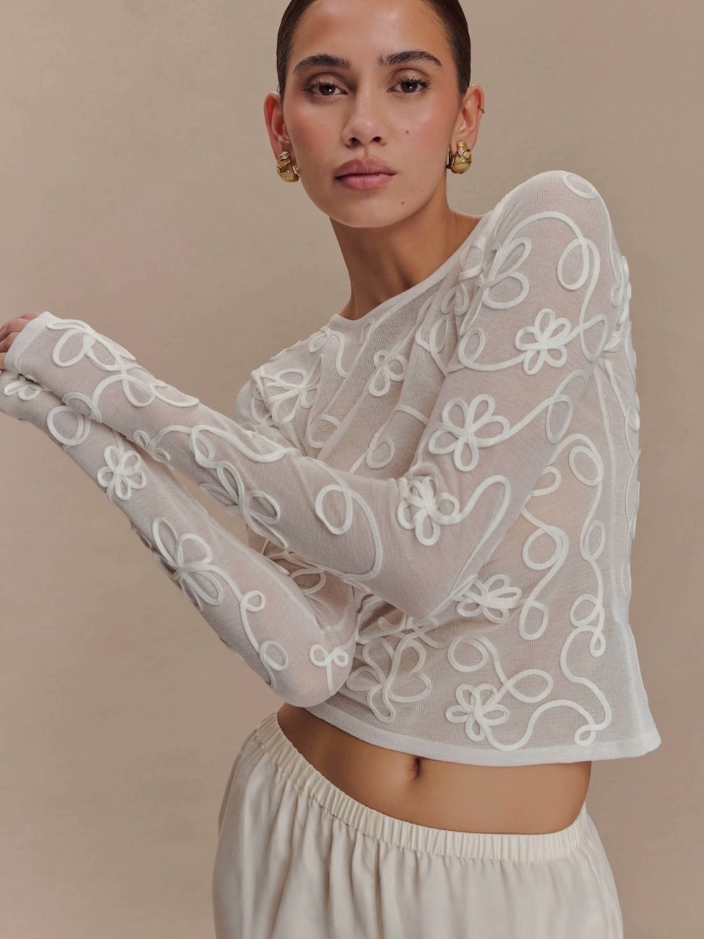 Meshki Sheer Floral Appliqué Long Sleeve Top - White/Cream
